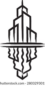 Stylized black and white illustration of city towers reflected on calm lake or ocean water using expressive brush strokes and geometric outlines for contemporary art projects or unique business branding and identity design.