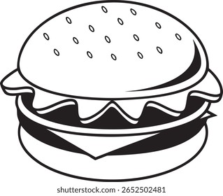 Ilustração estilizada em preto e branco de um hambúrguer clássico isolado sobre fundo branco	