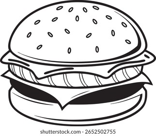 Ilustração estilizada em preto e branco de um hambúrguer clássico isolado sobre fundo branco	