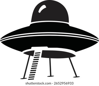 Ilustração estilizada, em preto e branco, de um clássico OVNI de disco voador com cúpula, disco largo e trem de pouso com uma escada visível, isolado em um fundo branco.