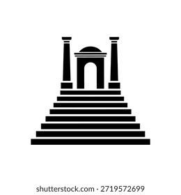 Una ilustración estilizada en blanco y negro de la entrada de un templo clásico con una gran escalera que conduce a un pórtico con dos columnas y una puerta arqueada, coronada por una cúpula.