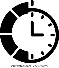 Uma ilustração em preto e branco estilizada de um relógio combinada com um gráfico de pizza, representando gerenciamento de tempo e análise de dados com um design moderno e elegante
