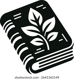 A stylized black and white illustration of a closed book with a plant design on its cover.  Perfect for representing nature, botany, gardening, or environmental themes.