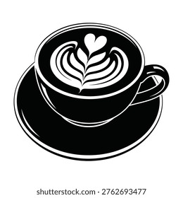 A stylized black and white illustration of a coffee cup with a heart design on frothed milk, perfect for cafes, coffee shops, or breakfast settings