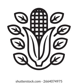 Ilustración estilizada en blanco y negro de una mazorca de maíz rodeada de hojas.