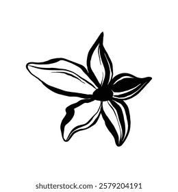 A stylized black and white illustration depicts a single flower with bold lines and simple shapes.