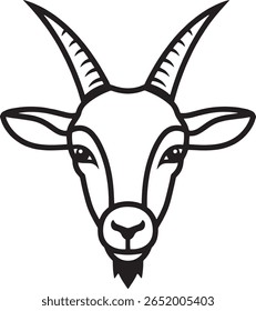 A stylized, black and white illustration depicts the head of a goat, facing forward. The goat has prominent horns and a beard.