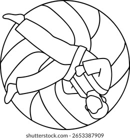 Uma ilustração estilizada em preto e branco retrata um artista marcial em uma pose dinâmica, executando um lançamento dentro de um quadro circular. A figura usa um uniforme tradicional e é capturada no meio da ação.