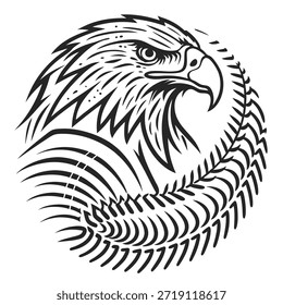 Stylized black and white illustration of an eagle's head within a circular frame of feathers bird profile