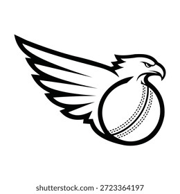 Una ilustración estilizada en blanco y negro de la cabeza de un águila que emerge de una pelota de cricket, mostrando plumas detalladas y un pico fuerte, sobre un fondo blanco limpio.