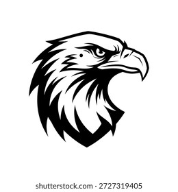 A stylized black and white illustration of an eagle's head, featuring sharp lines and a fierce expression.
