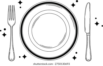 Stylized black and white illustration of elegant dining setup with decorative plate, ornate fork and knife, sparkling clean tableware, hospitality culinary arts concept artwork