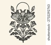 A stylized black and white illustration featuring an elegant moth surrounded by ornate floral elements and an arc, evoking a vintage, mystical, and natural aesthetic.