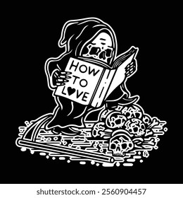 A stylized, black and white illustration featuring a grim reaper figure, holding a book titled "How to Love," sits atop a bed of skulls.