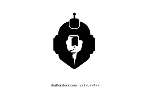 Ilustração estilizada em preto e branco com a cabeça de um robô com uma antena, contendo um raio e uma mão segurando um smartphone, simbolizando potência e tecnologia.
