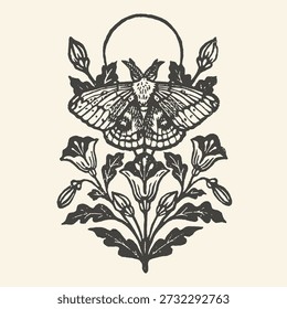 A stylized black and white illustration featuring an elegant moth surrounded by ornate floral elements and an arc, evoking a vintage, mystical, and natural aesthetic.