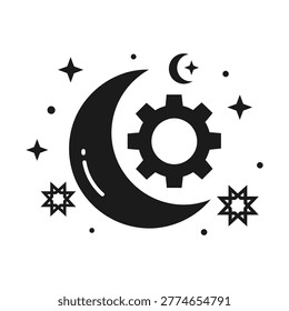 A stylized black and white illustration featuring a large crescent moon with a mechanical gear inside, surrounded by various stars and a smaller crescent moon with a star, evoking celestial mechanics.