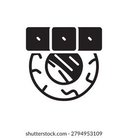 A stylized black and white illustration featuring a globe with abstract texture lines at the center, topped by three satellite dishes aligned horizontally. The design is minimalist with bold outlines .