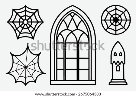 A stylized, black and white illustration featuring Halloween elements: three spiderwebs, a gothic window, and a spooky tower.