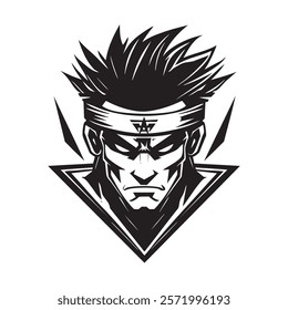 Stylized black and white illustration of a fierce warrior with spiky hair and headband.