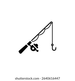 Stylized black and white illustration of a fishing rod with a reel, line, and hook, presented in a silhouette against a plain white backdrop.