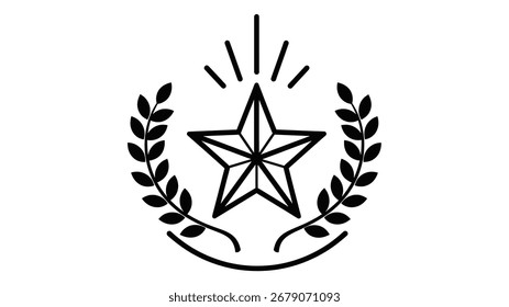 Una ilustración estilizada en blanco y negro de una estrella de cinco puntas rodeada por una corona de laurel, que representa el logro, la victoria y la excelencia en varios campos.