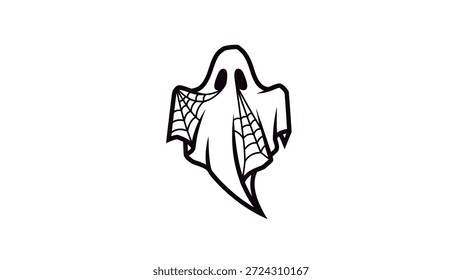 A stylized, black and white illustration of a friendly ghost with a spiderweb design, perfect for Halloween themes and spooky designs.