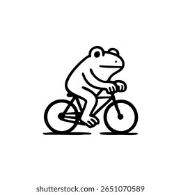A stylized black and white illustration of a frog riding a bicycle.  The frog is depicted in a simple, cartoonish style, with large eyes and a small mouth. The bicycle is a basic outline