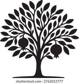 A stylized black and white illustration of a fruit tree with pomegranates
