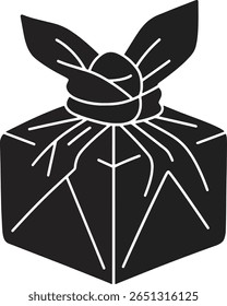 A stylized black and white illustration of a gift or package wrapped in fabric with leaf-shaped accents tied on top.  The wrapping is meticulously detailed.