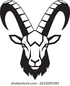 Stylized black and white illustration of a goat head with large, curved horns.