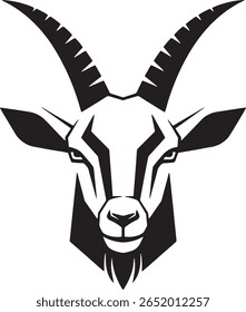 Stylized black and white illustration of a goat's head, featuring prominent horns and a geometric design.