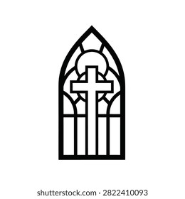 A stylized black and white illustration of a gothic arched window featuring a prominent cross and radiating sun rays.