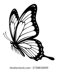 Stylized black and white illustration of a graceful butterfly in midflight isolated on transparent background