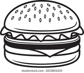 Stylized black and white illustration of a hamburger isolated on transparent background