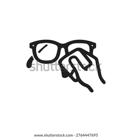 A stylized black and white illustration of a hand carefully wiping a pair of eyeglasses, symbolizing clear vision and eye care maintenance.