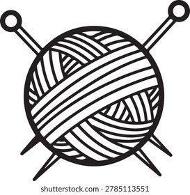 A stylized black and white illustration of a knitting yarn ball crossed by four knitting needles, perfect for craft and textile stock images.