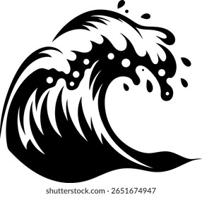Ilustração estilizada em preto e branco de uma grande onda oceânica. A onda tem gotículas ao seu redor, e o design é simples, minimalista e monocromático. É arte vetorial.