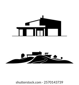 Stylized black and white illustration of a modern architectural house with a surrounding landscape and trees. Perfect for design concepts, architectural presentations, and modern real estate advertise