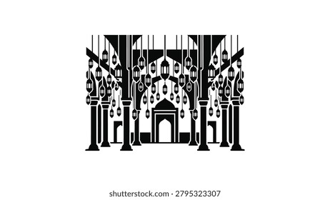 Stylized black and white illustration of a mosque interior with arches, columns, and many ornate lanterns hanging, creating an atmospheric scene.