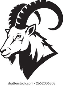 A stylized black and white illustration of a mountain goat's head, showcasing its impressive horns and beard.  The image is bold and graphic in style.