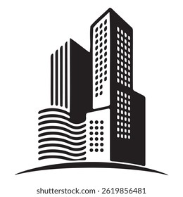 A stylized, black and white illustration of multiple skyscrapers.