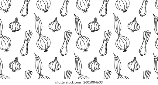 Stylized black and white illustration of onions and garlic on seamless background
