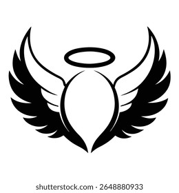 Stylized black and white illustration of open angel wings with a halo, symbolizing peace, purity, spirituality, and protection.