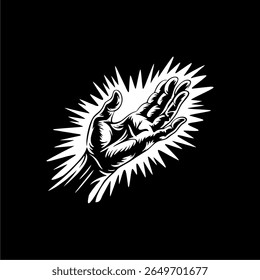 Uma ilustração estilizada em preto e branco de uma mão aberta, aparentemente emitindo ou recebendo energia radiante, representada contra um fundo escuro.  A mão é det...