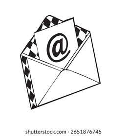 Ilustração estilizada, em preto e branco, de um envelope aberto com um papel no interior apresentando o símbolo, sugerindo e-mail ou comunicação on-line.