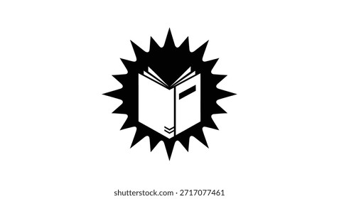 Eine stilisierte Schwarz-Weiß-Illustration eines offenen Buches mit aufgefächerten Seiten, umgeben von scharfen, strahlenden Linien, die einen Starburst-Effekt erzeugen.