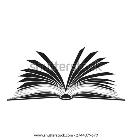 A stylized black and white illustration of an open book with fanned pages, conveying concepts of reading, learning, and literature.