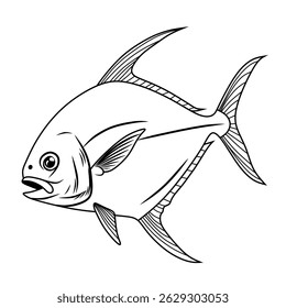 Stylized Black and White Illustration of a Powerful Pomfret Fish.