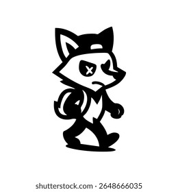Ilustração estilizada em preto e branco de um personagem parecido com guaxinim usando um boné e carregando uma mochila